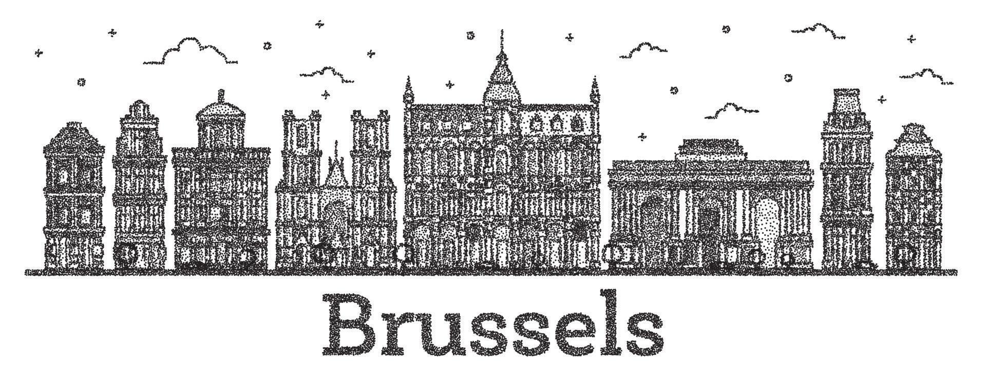 horizonte de la ciudad de bruselas bélgica grabado con edificios históricos aislados en blanco. vector