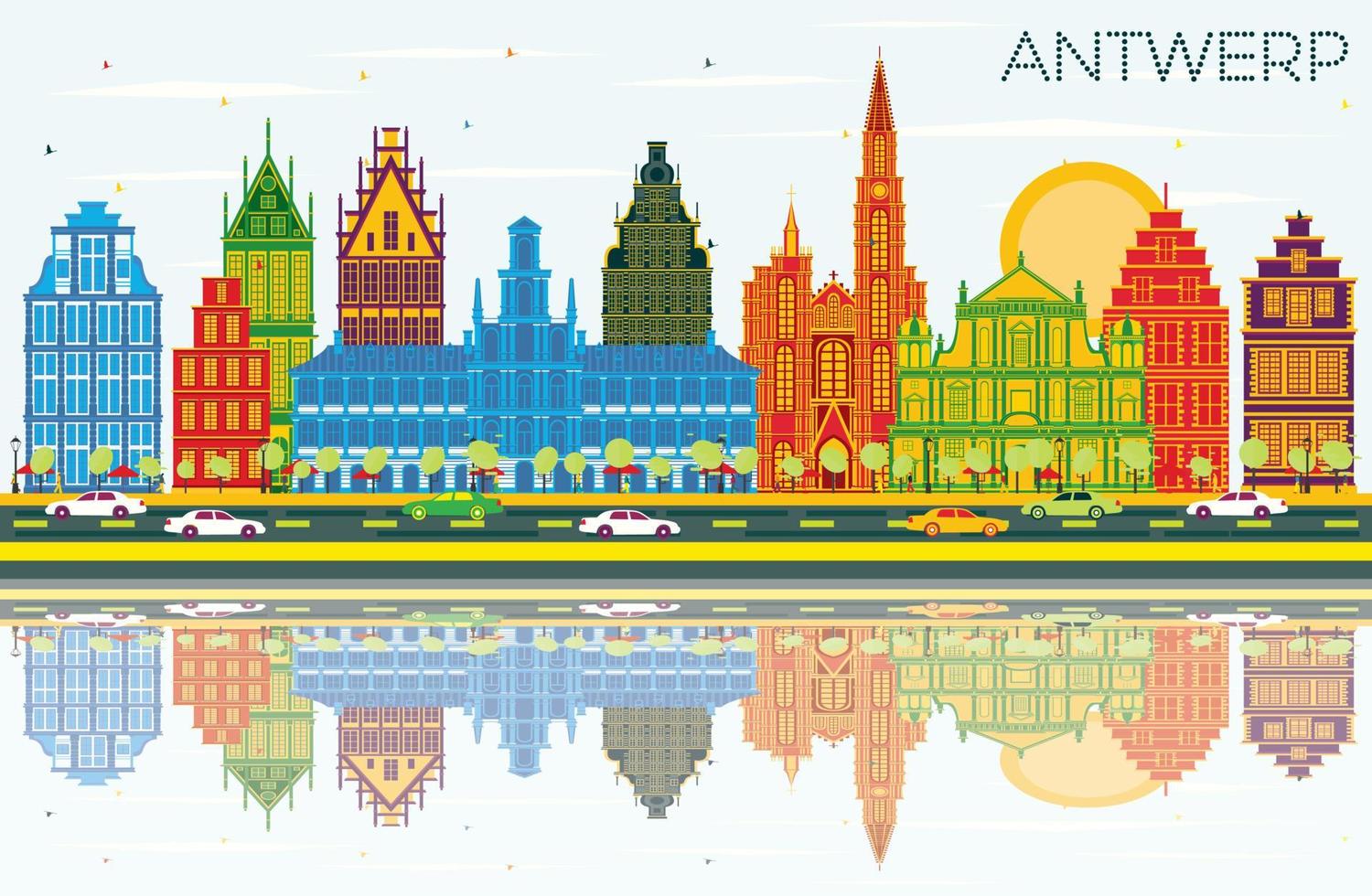 horizonte de la ciudad de amberes bélgica con edificios de color, cielo azul y reflejos. vector