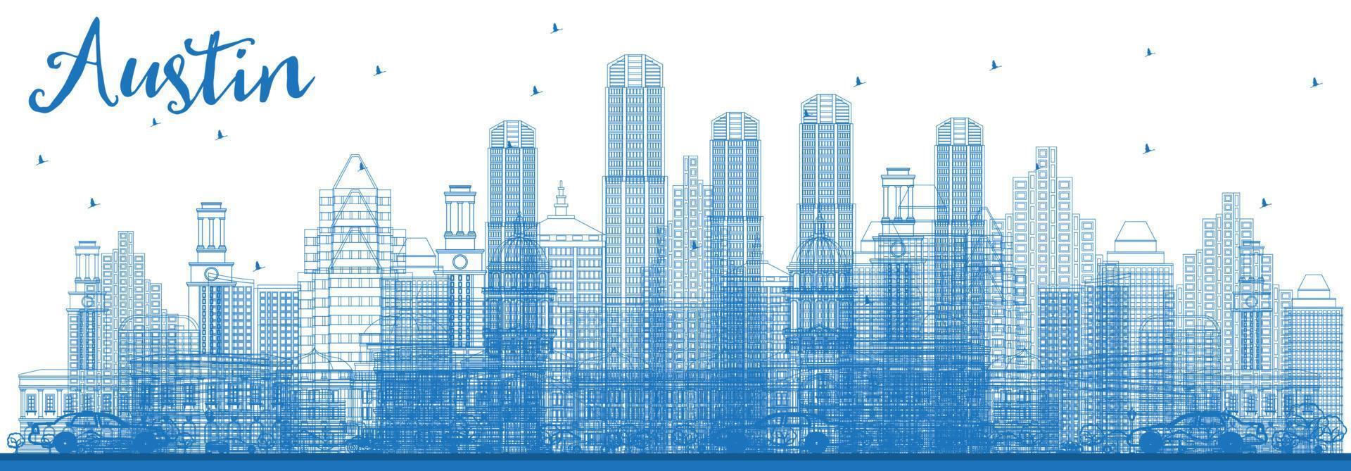 Outline Austin Texas City Skyline with Blue Buildings. vector