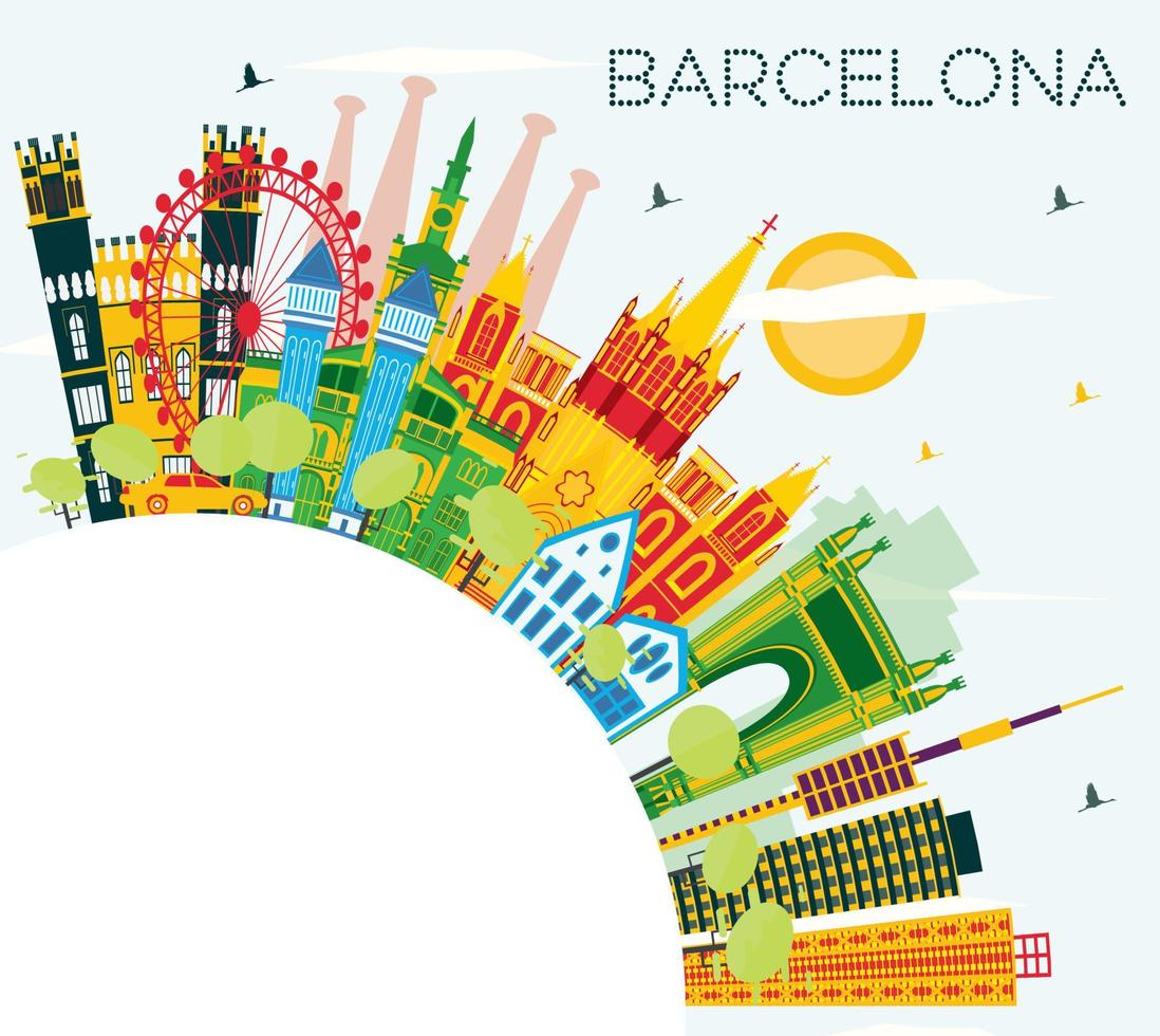 Barcelona Skyline with Color Buildings, Blue Sky and Copy Space. vector