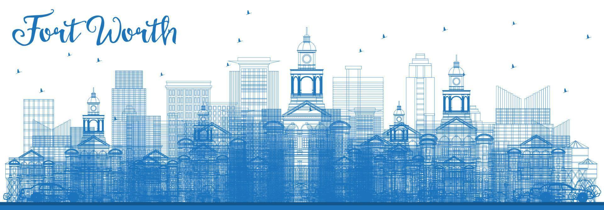 Outline Fort Worth Skyline with Blue Buildings. vector