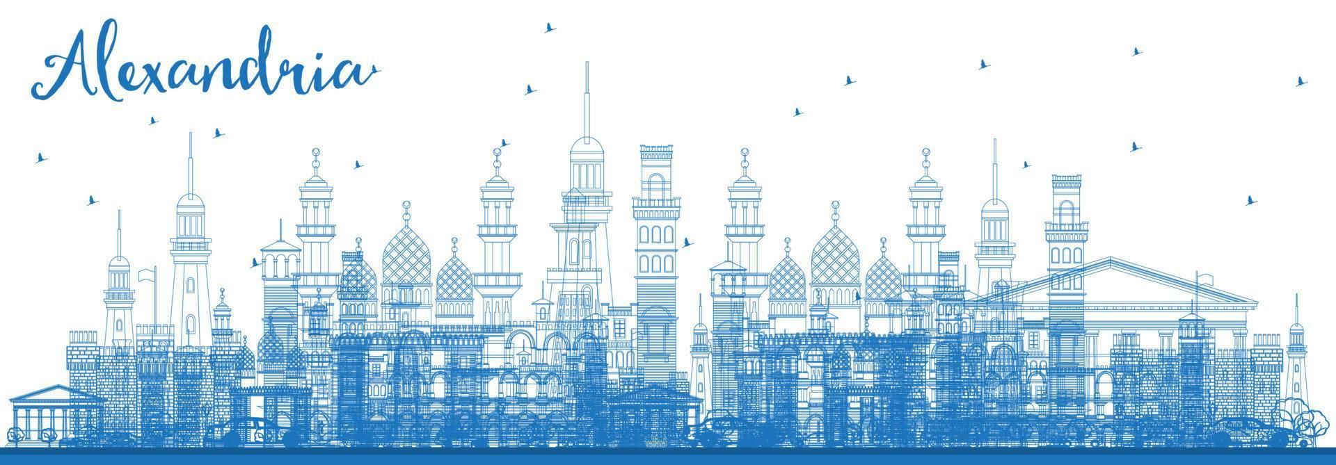 Outline Alexandria Egypt Skyline with Blue Buildings. vector