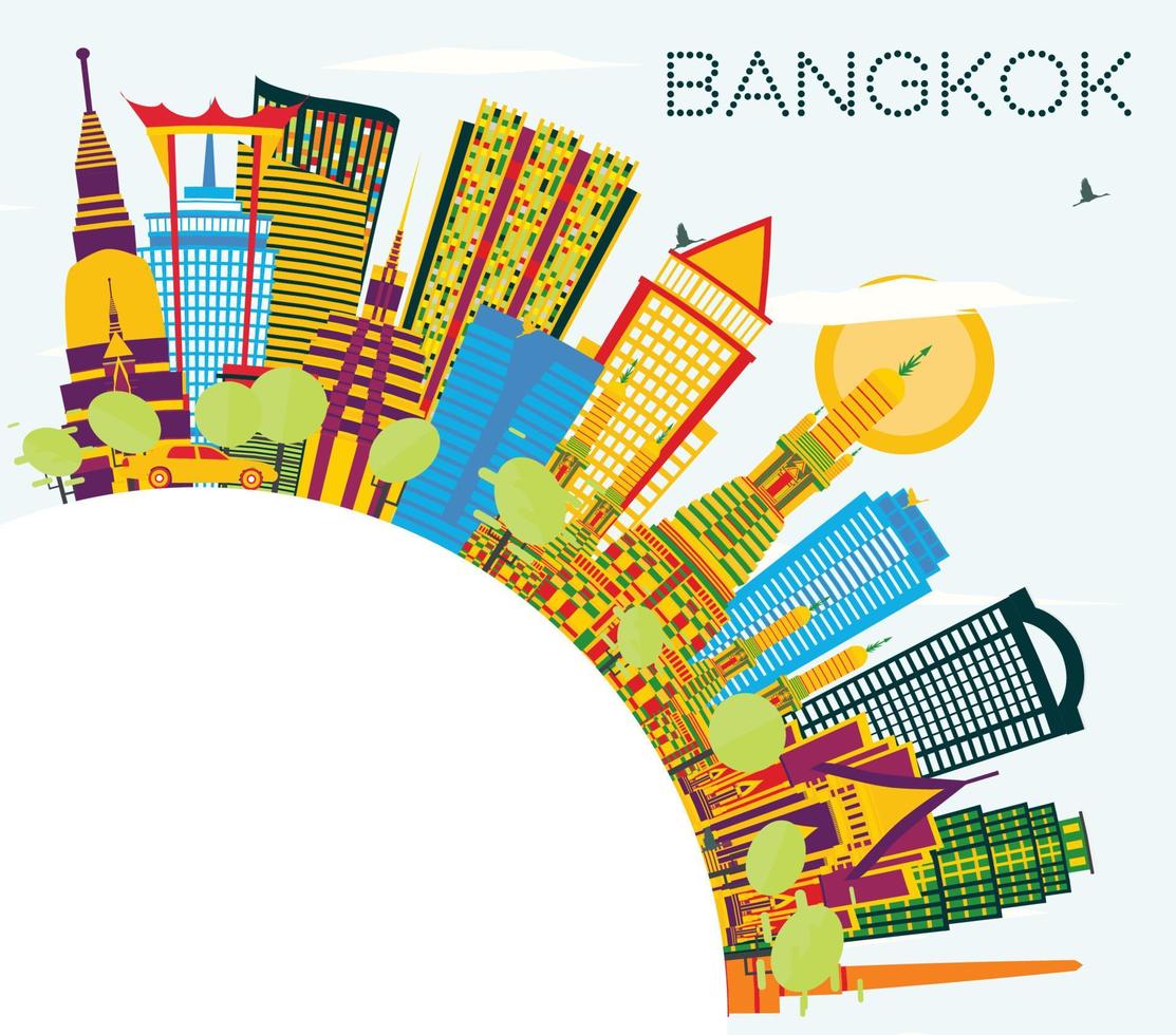 horizonte de bangkok tailandia con puntos de referencia de color, cielo azul y espacio de copia. vector