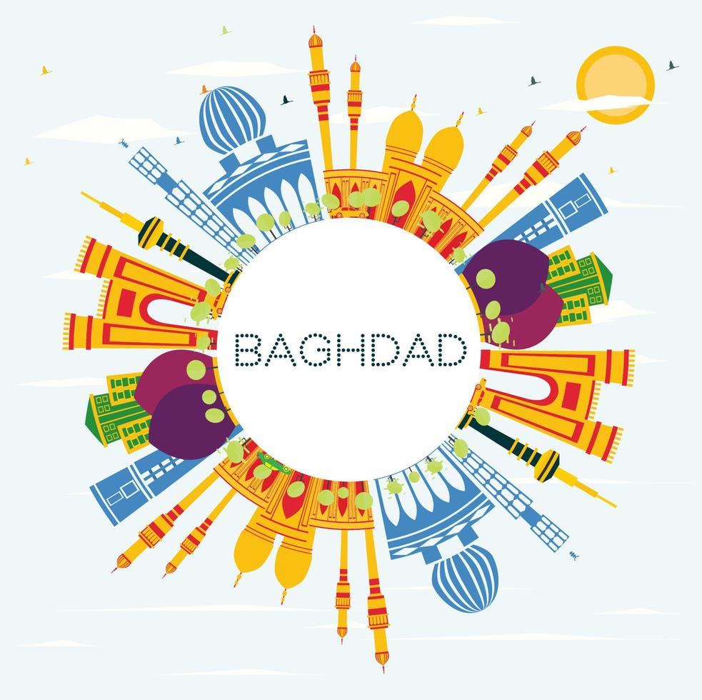 Baghdad Iraq City Skyline with Color Buildings, Blue Sky and Copy Space. vector