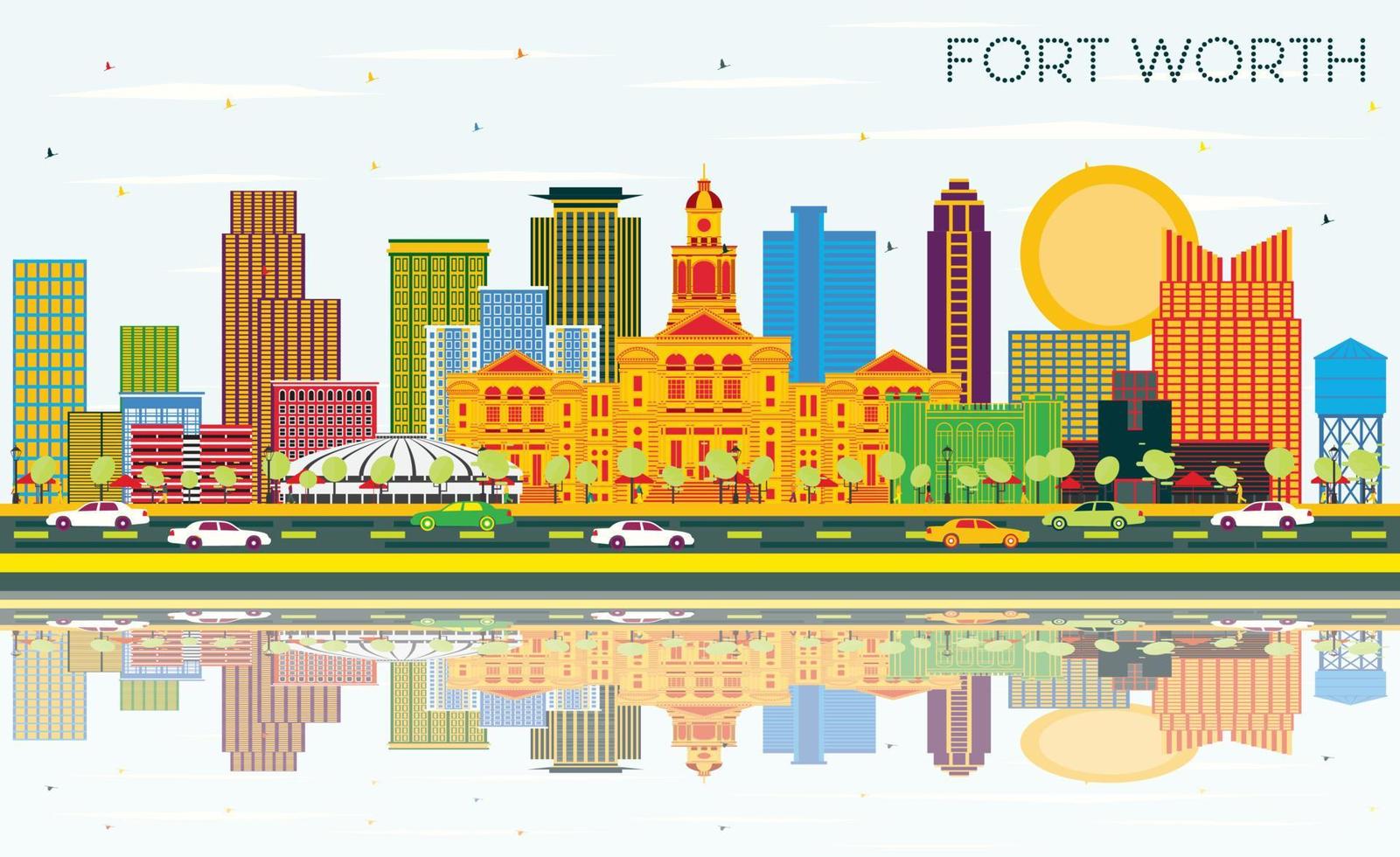 Fort Worth Texas City Skyline with Color Buildings, Blue Sky and Reflections. vector