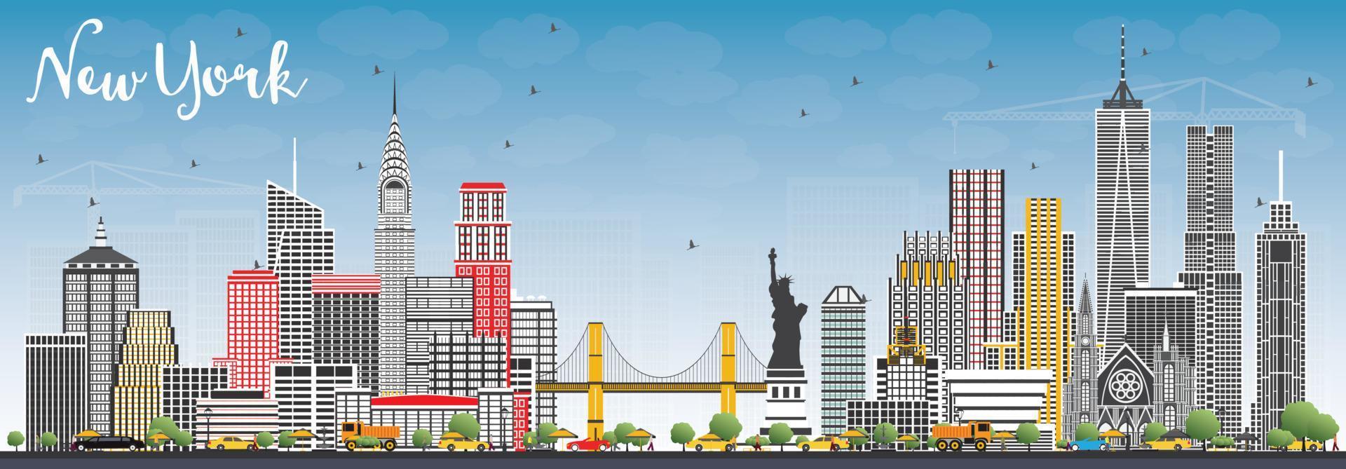 el horizonte de la ciudad de nueva york usa con rascacielos grises y cielo azul. vector