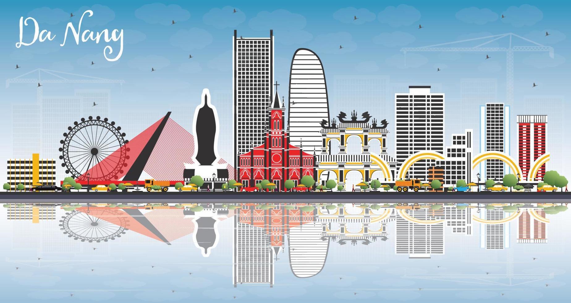 Da Nang Vietnam City Skyline with Color Buildings, Blue Sky and Reflections. vector