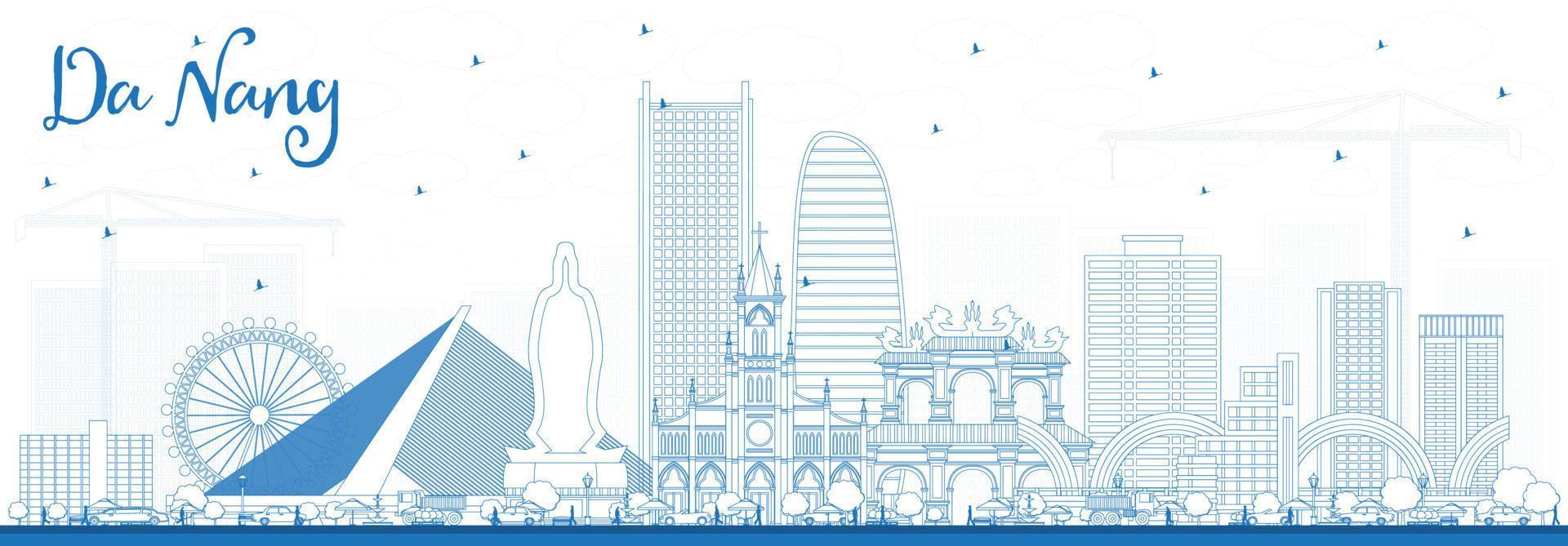 Outline Da Nang Vietnam City Skyline with Blue Buildings. vector
