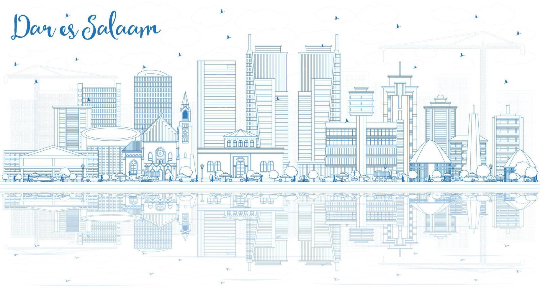 Outline Dar Es Salaam Tanzania City Skyline with Blue Buildings and Reflections. vector