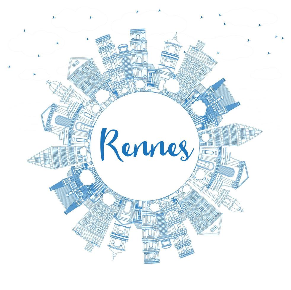 delinear el horizonte de la ciudad de rennes francia con edificios azules y espacio de copia. vector