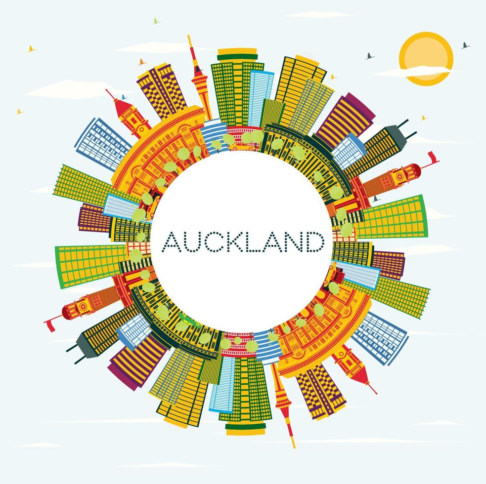 el horizonte de la ciudad de auckland, nueva zelanda, con edificios de colores, cielo azul y espacio para copiar. vector