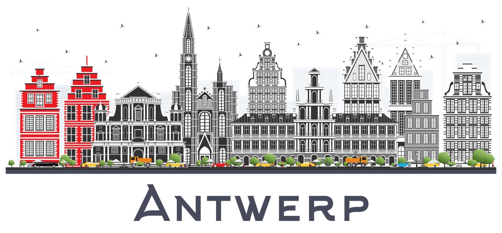 horizonte de la ciudad de amberes bélgica con edificios grises aislados en blanco. vector