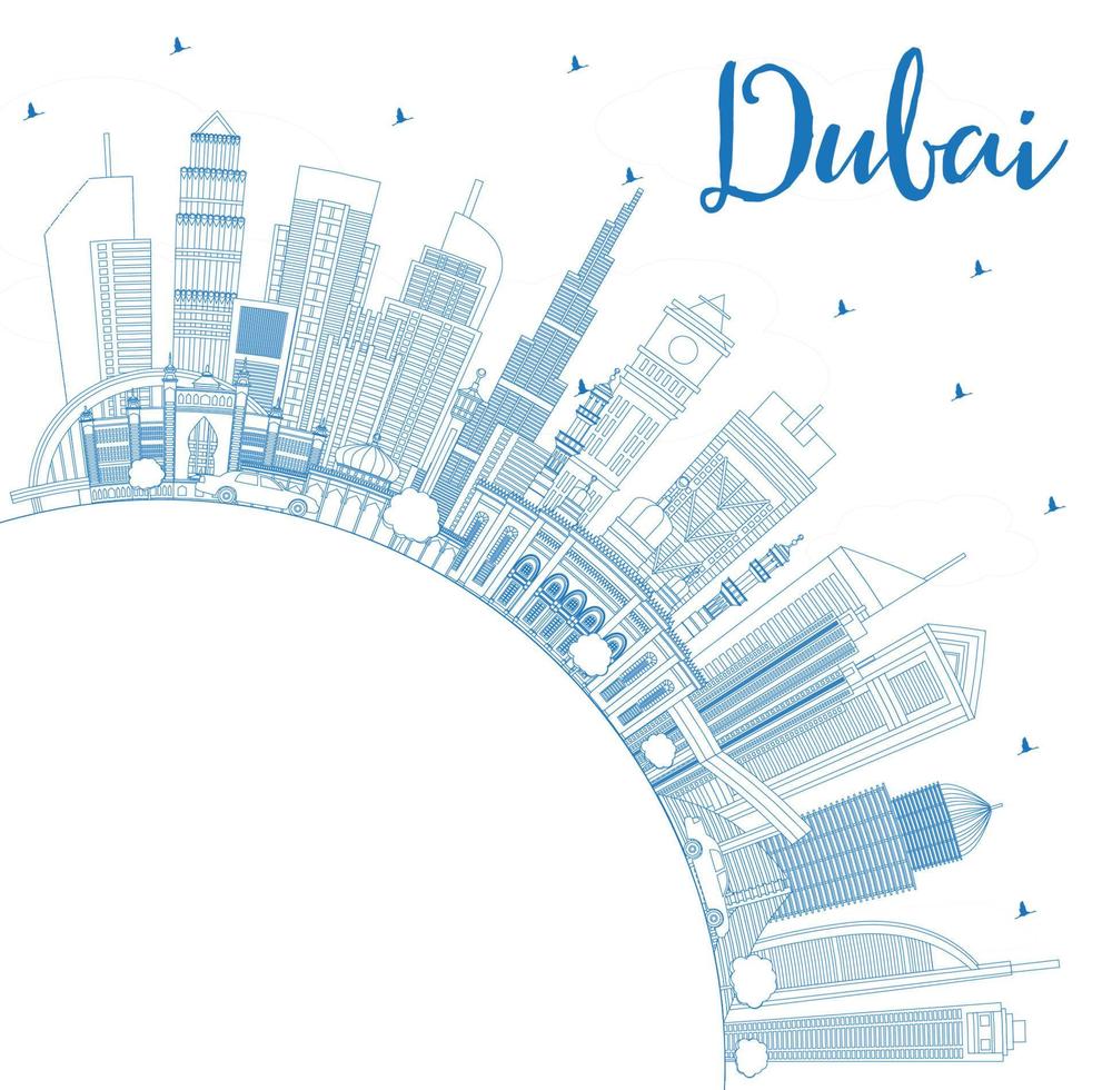 Outline Dubai UAE City Skyline with Blue Buildings and Copy Space. vector
