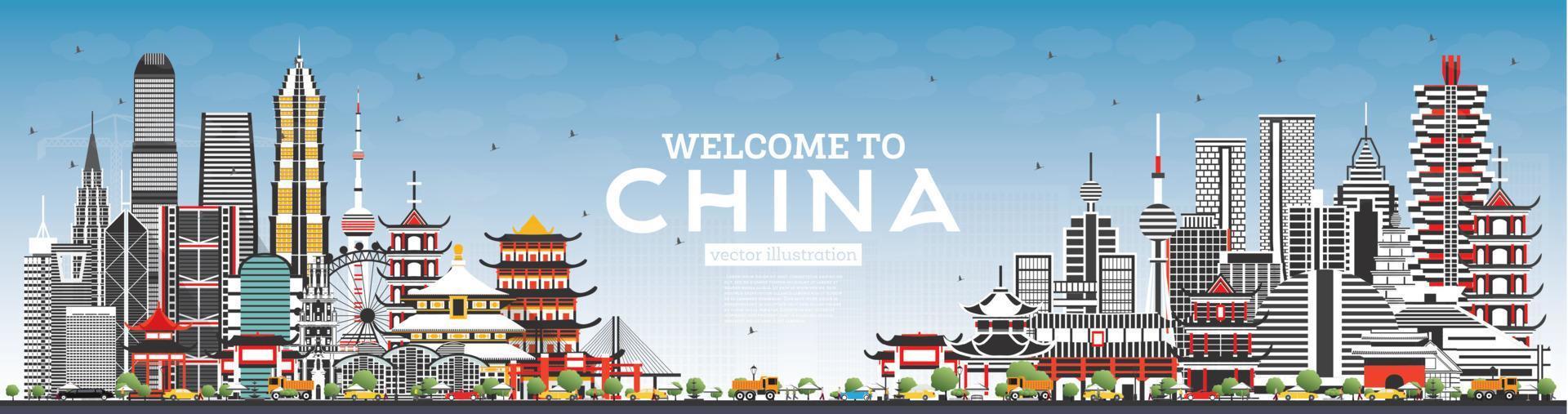 Welcome to China Skyline with Gray Buildings and Blue Sky. vector