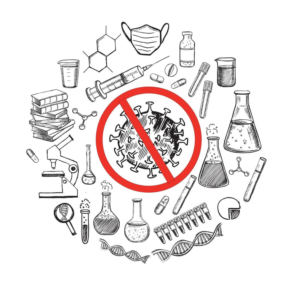 Laboratory research vector hand drawn icons set. Coronavirus, dna, blood test.