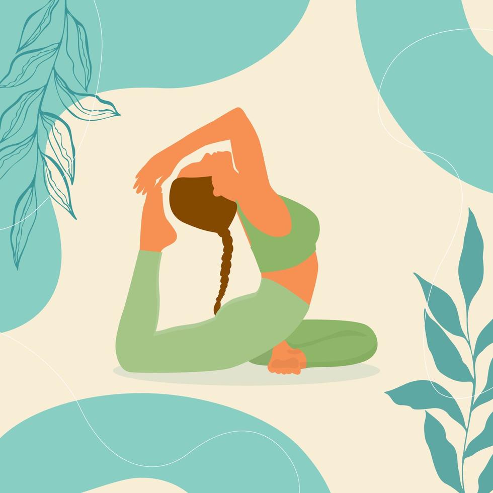 paloma rey de yoga posa mujer joven en cartel de postura rajakapotasana con garabato de hojas botánicas, estilo boho, colores pastel. vector