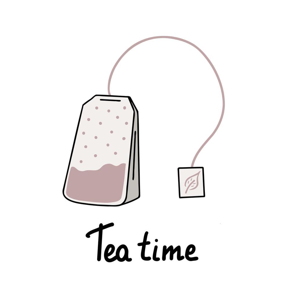 Tea bag, tea time text. Illustration for printing, backgrounds, covers and packaging. Image can be used for greeting cards, posters, stickers and textile. Isolated on white background. vector