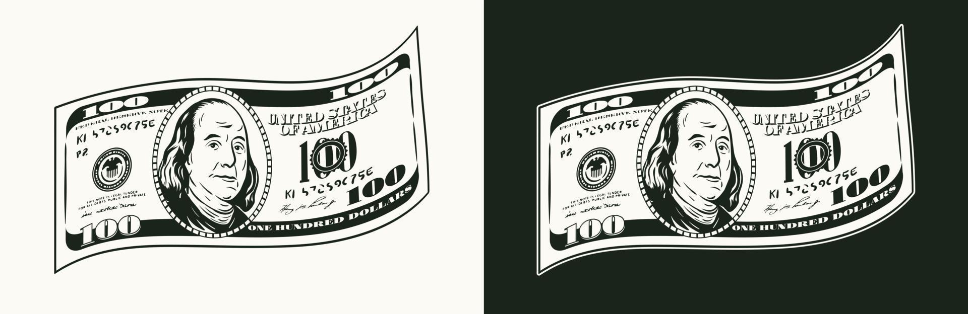 Wavy bent american 100 dollar banknote with front side. Falling, flying banknote. Cash money. Detailed black and white vector illustration