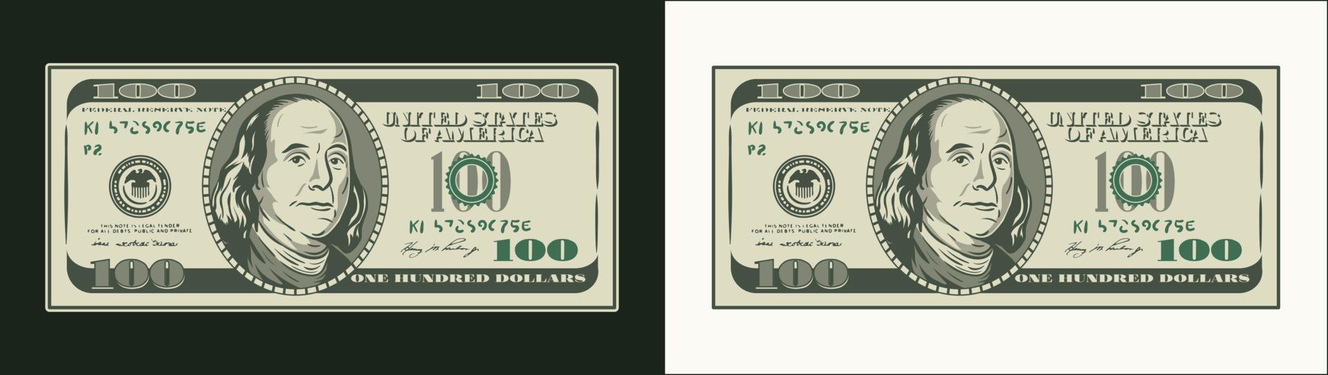 American 100 dollar banknote with front obverse side. Front view. Cash money. Vector illustration