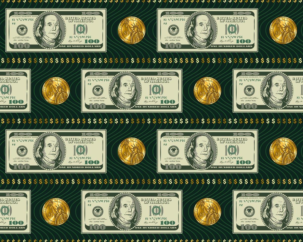 Seamless pattern with horizontal aligned 100 dollar banknotes, gold one dollar coins, dollar sign, texture with wavy lines behind. Detailed vector illustraton.