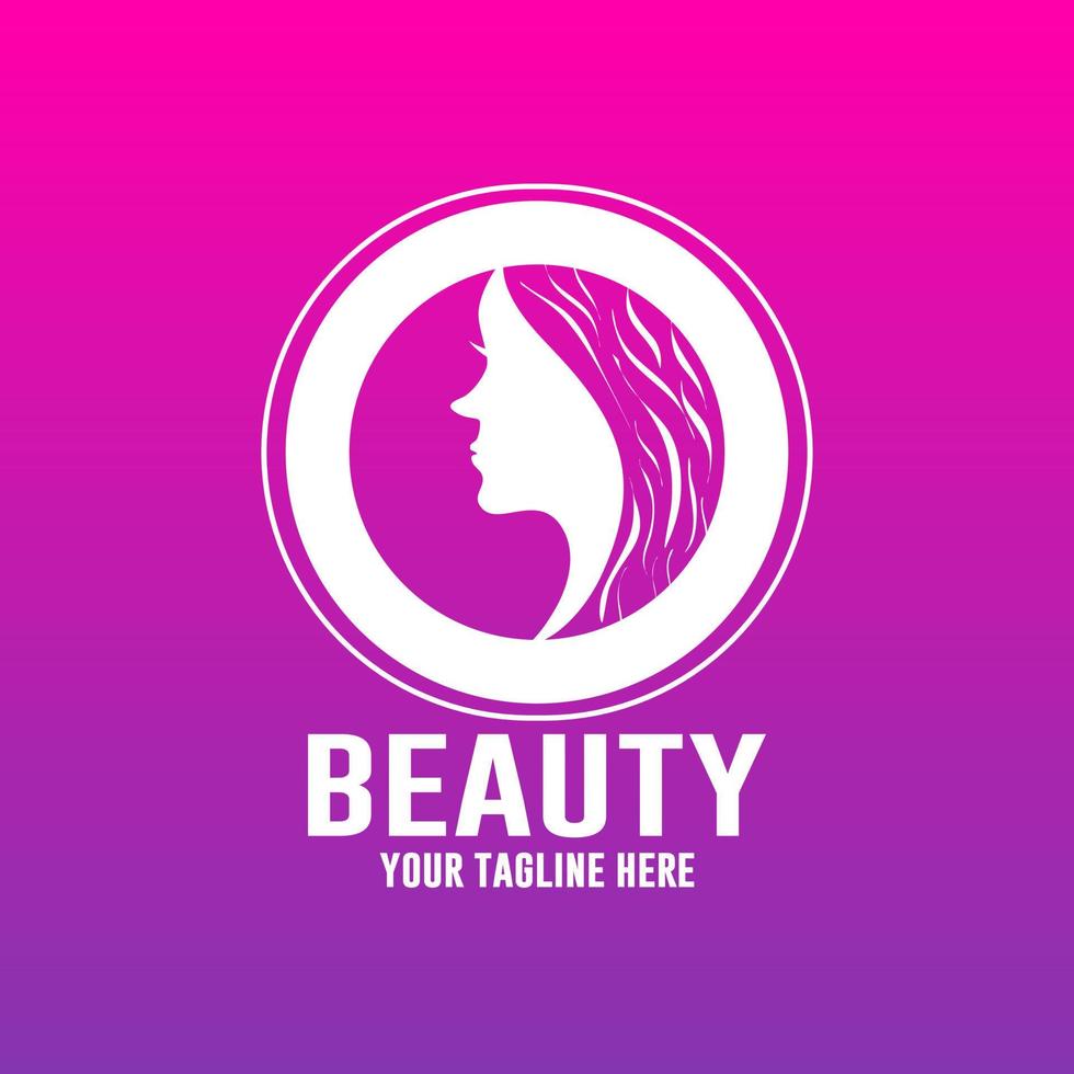 Beautiful woman fashion logo. Template vector linear style on purple and pink gradient background