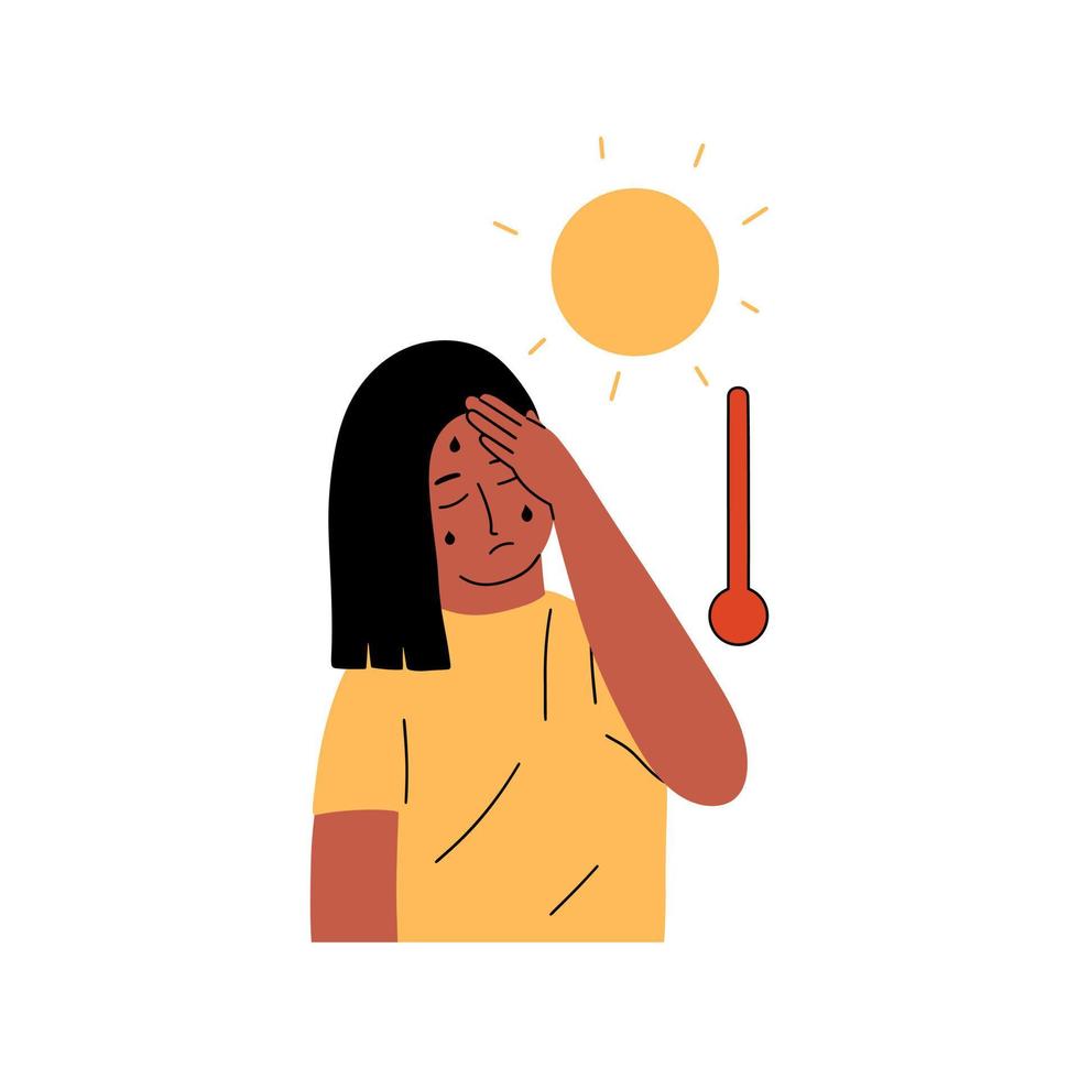 A young woman is suffering from sunstroke. A girl is experiencing symptoms of dehydration on a hot day. Vector illustration in flat style