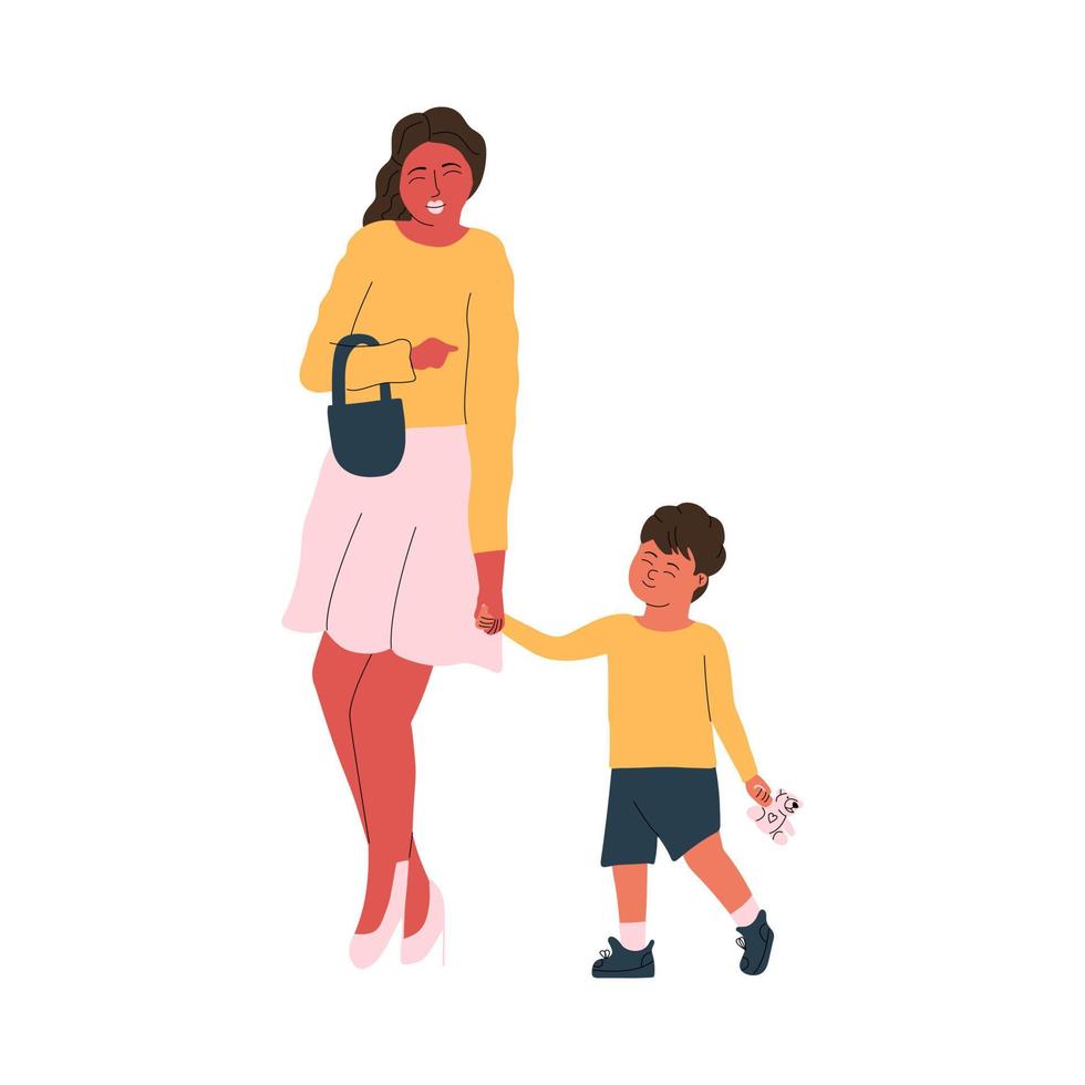 mamá camina con su hijo y sostiene su mano. familia feliz. ilustración vectorial en estilo plano vector