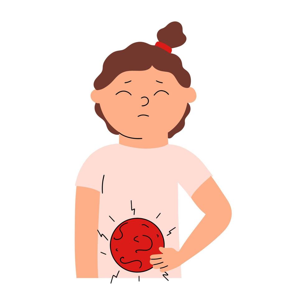 Worms in a child. Symptom of parasite infestation in a little girl. Vector illustration in flat style