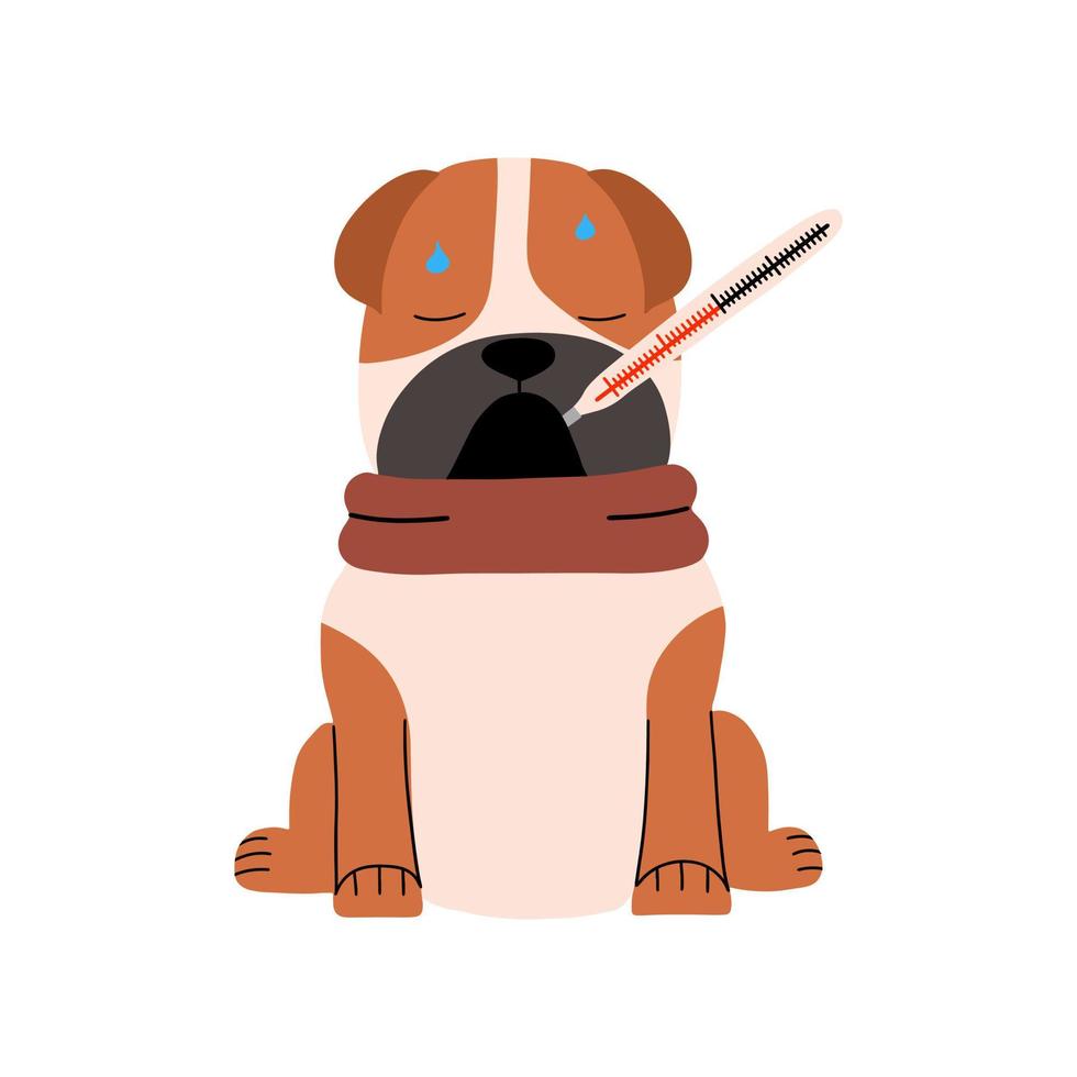 Dog with thermometers in his mouth and high temperature. Animal with symptom of fever, virus. Vector illustration in flat style