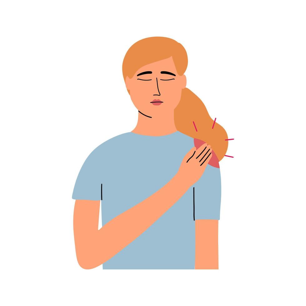 The girl holds her hand on the sore shoulder joint. Arthrosis, bruise, inflammation concept. Vector illustration in flat style