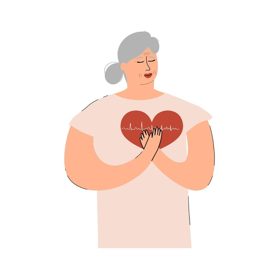 la mujer sufre de dolor de corazón. el concepto de arritmia, ataque cardíaco, enfermedad coronaria. ilustración vectorial en estilo plano vector