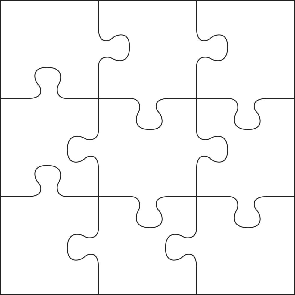 Puzzles grid template. Jigsaw puzzle 9 pieces, thinking game and 3x3 jigsaws detail frame design. Business assemble metaphor or puzzles game challenge vector illustration. EPS 10.