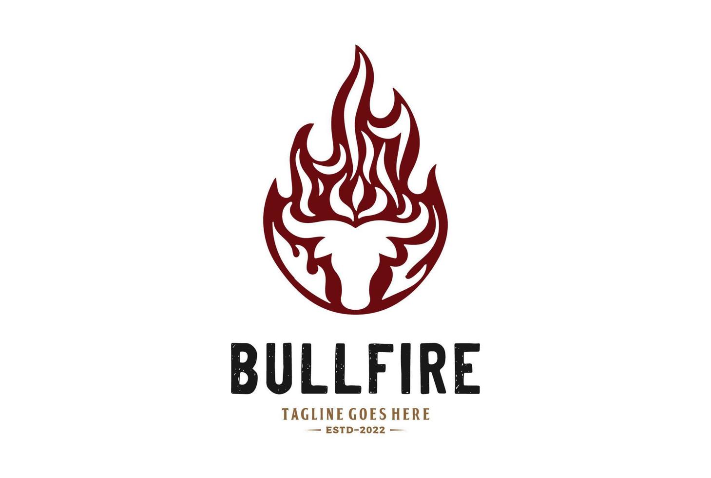 fuego de llama de quemadura vintage con cabeza de búfalo de cuernos largos de bisonte de vaca angus para logotipo de parrilla de barbacoa vector