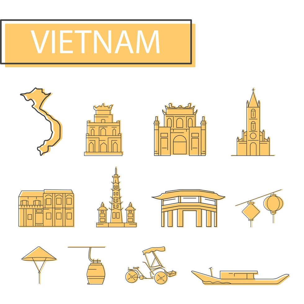 conjunto de iconos de vietnam. conjunto de mapa, arquitectura, tradición y más. vector