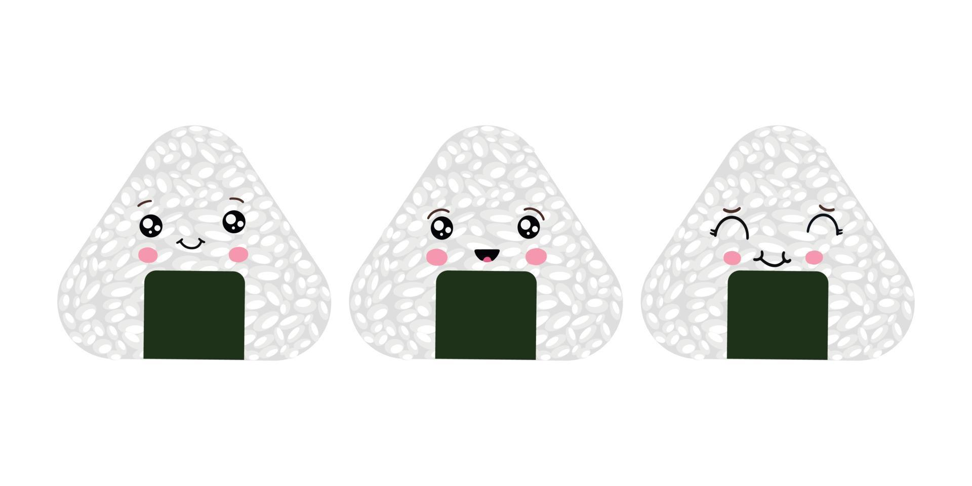 Vector illustration of Onigiri in the style of kawaii. Japanese fast food made of rice with a filling formed in the form of a triangle of nori seaweed.