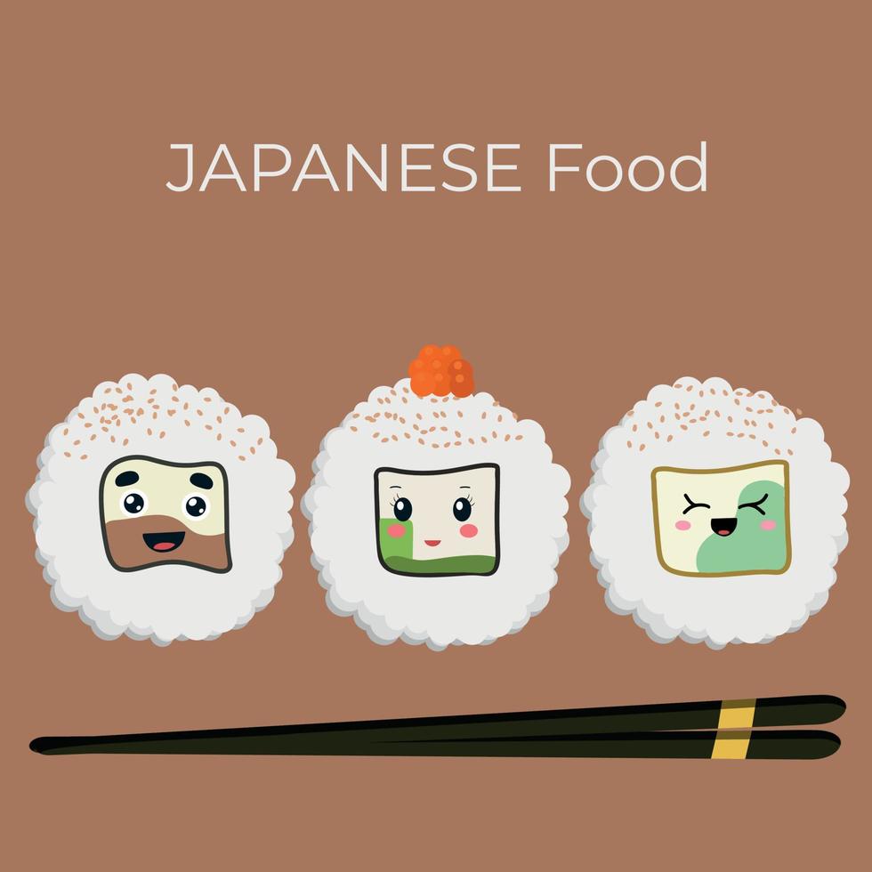 Vector illustration of Onigiri in the style of kawaii. Japanese fast food made of rice with a filling formed in the form of a triangle of nori seaweed