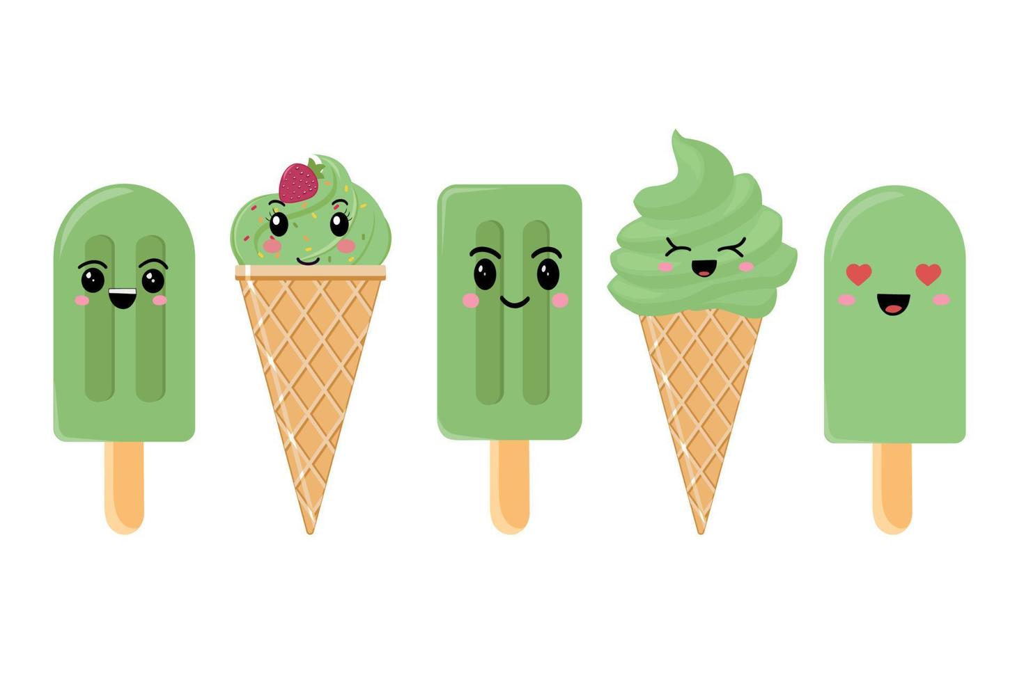 Match Ice Cream set. Match ice cream icon in kawaii style,isolated vector for stickers, postcards, notepad