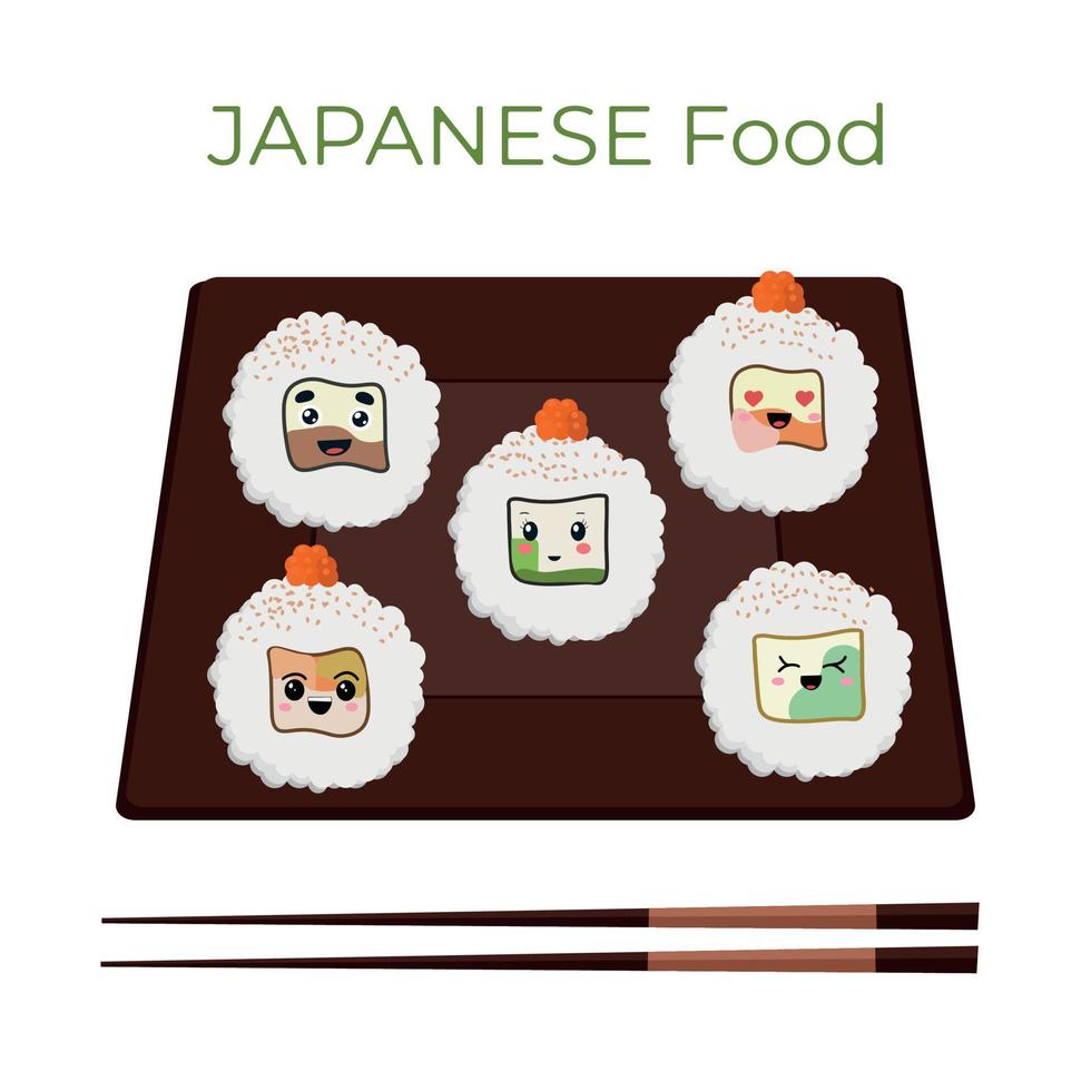 Vector illustration of Onigiri in the style of kawaii. Japanese fast food made of rice with a filling formed in the form of a triangle of nori seaweed