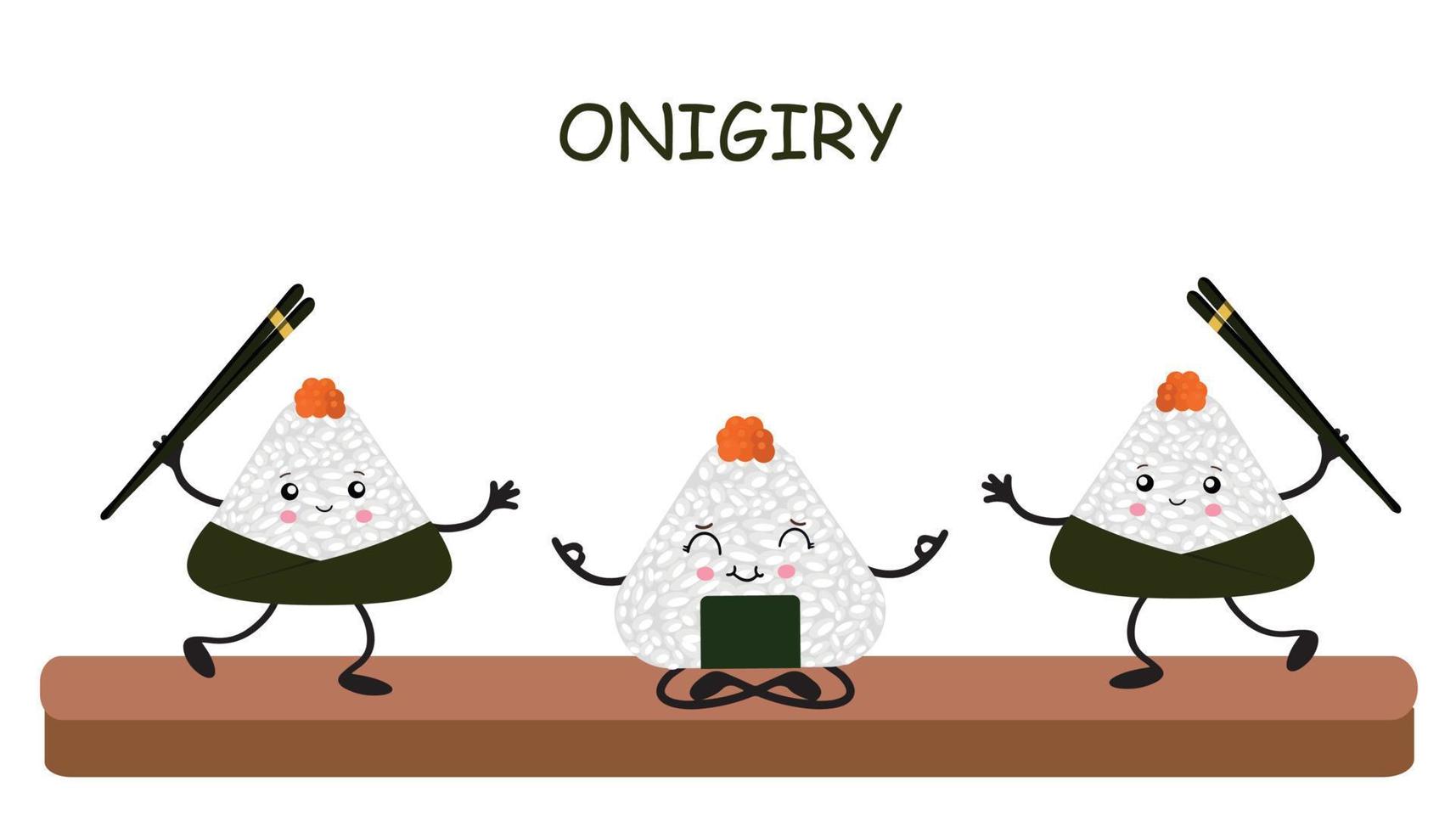 Vector illustration of Onigiri in the style of kawaii. Japanese fast food made of rice with a filling formed in the form of a triangle of nori seaweed.