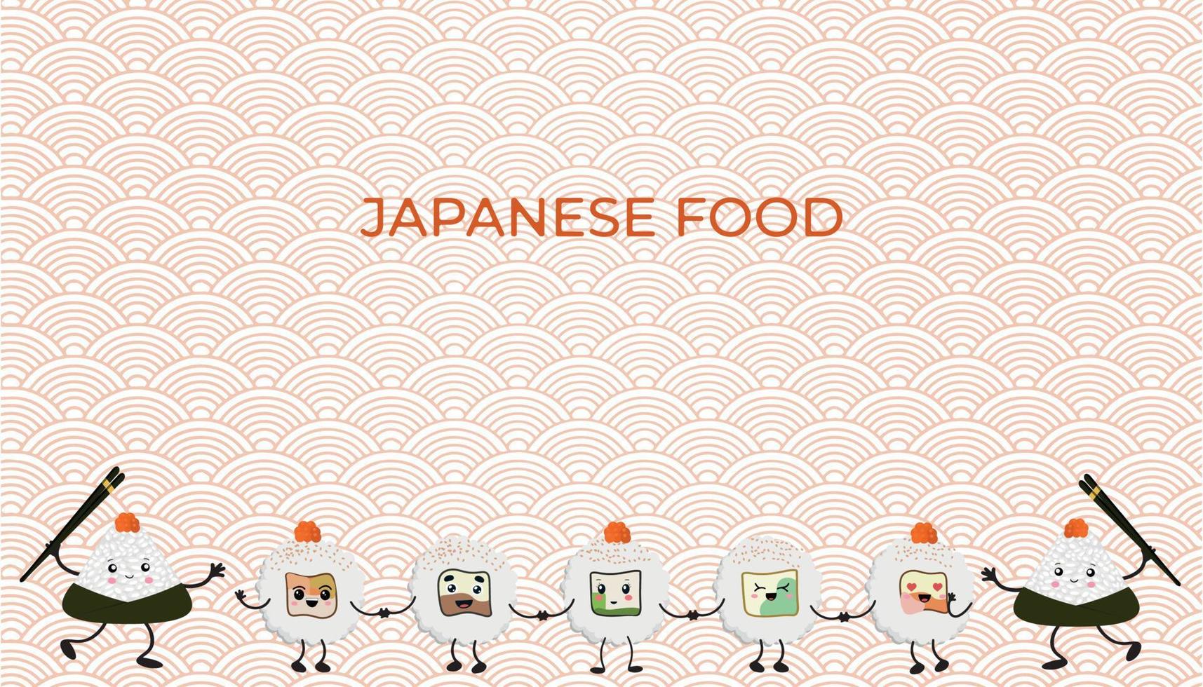Vector illustration of Onigiri and sushi in the style of kawaii. Flat style.