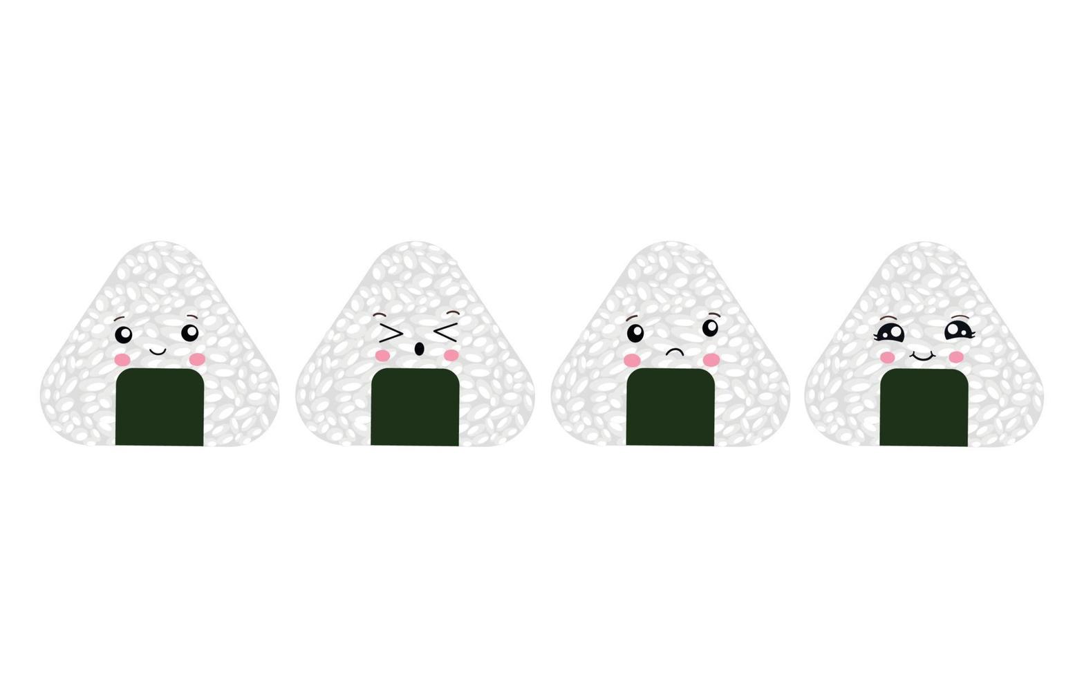 Vector illustration of Onigiri in the style of kawaii. Japanese fast food made of rice with a filling formed in the form of a triangle of nori seaweed.