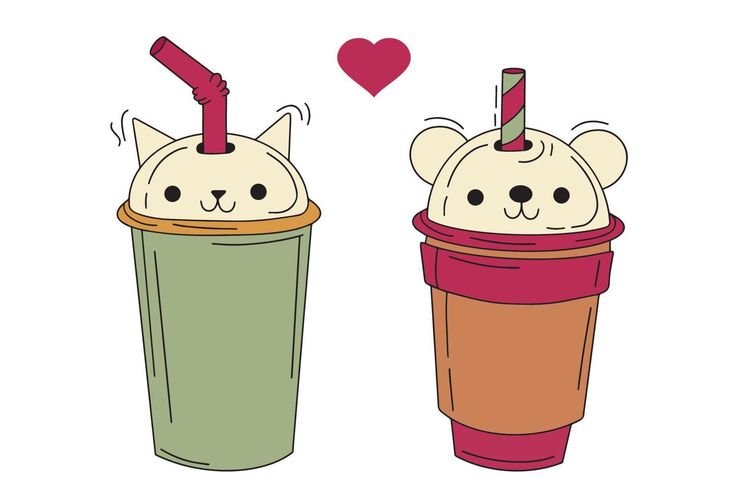 Asian tea, soft drinks in plastic cups, trendy dessert, colorful vector collection
