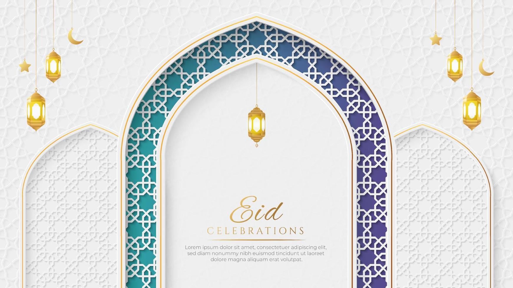 Eid Celebrations Elegant White and Golden Luxury Colorful Islamic Arch Background vector