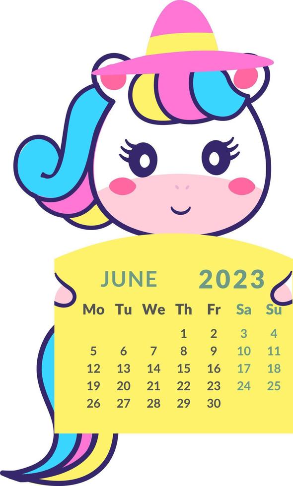 el unicornio tiene el mes calendario junio de 2023. vector