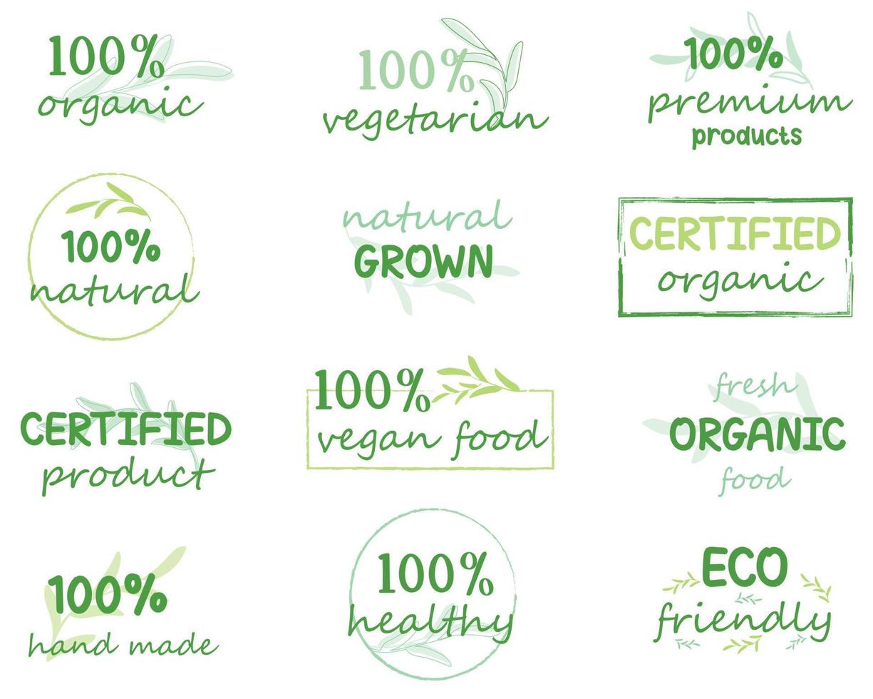 Set of sign, logo, badges and labels elements for organic and natural food and drink market. vector