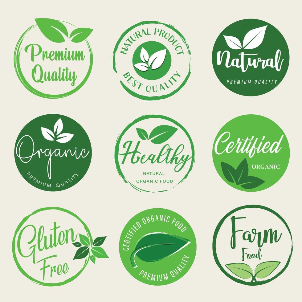 alimentos naturales y orgánicos, pegatinas de productos frescos y orgánicos de granja, insignias, logotipo e ícono para el comercio electrónico, promoción de productos naturales y orgánicos. vector