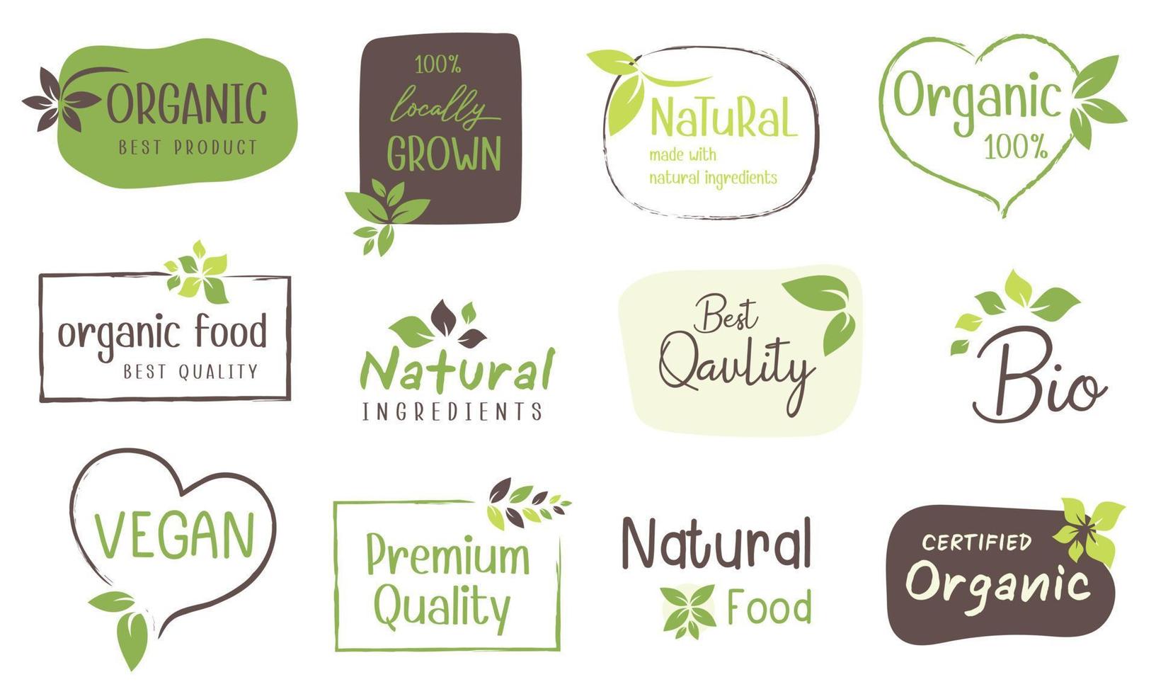 Set of logo, stickers and badges for organic food and drink, natural products, healthy life, food store and product promotion. vector