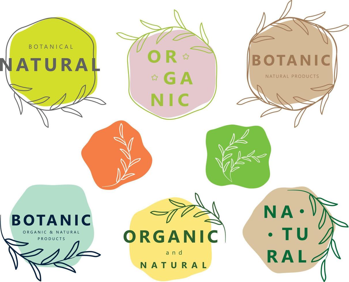 alimentos orgánicos y naturales, productos botánicos y orgánicos, logotipos botánicos, iconos, insignias y colección de pegatinas para el comercio electrónico del mercado de alimentos y bebidas. vector