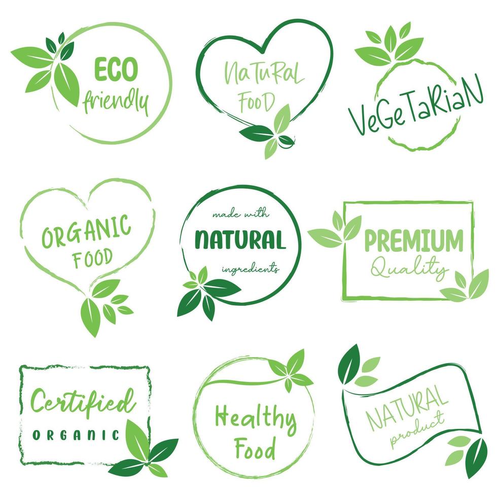 alimentos orgánicos, alimentos naturales, alimentos saludables y logotipos de productos orgánicos o naturales, colección de íconos, insignias y pegatinas para el mercado de alimentos y bebidas, comercio electrónico, productos orgánicos, promoción de productos naturales. vector