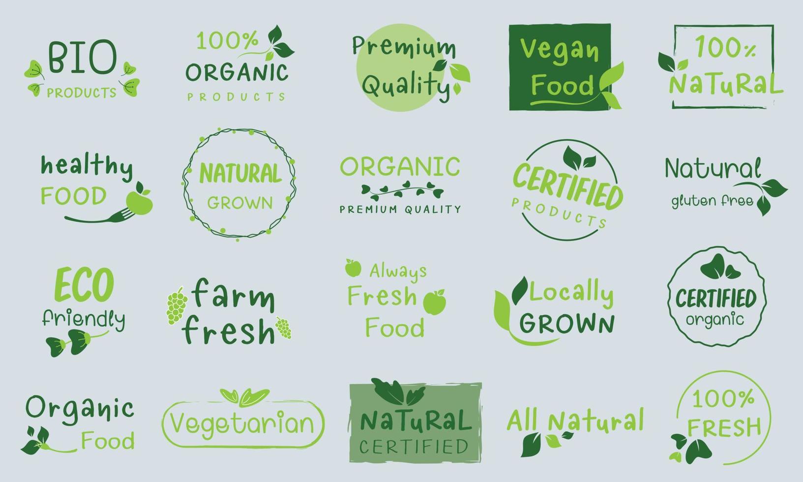 alimentos orgánicos, productos naturales y logotipo de vida saludable, pegatinas e insignias. vector